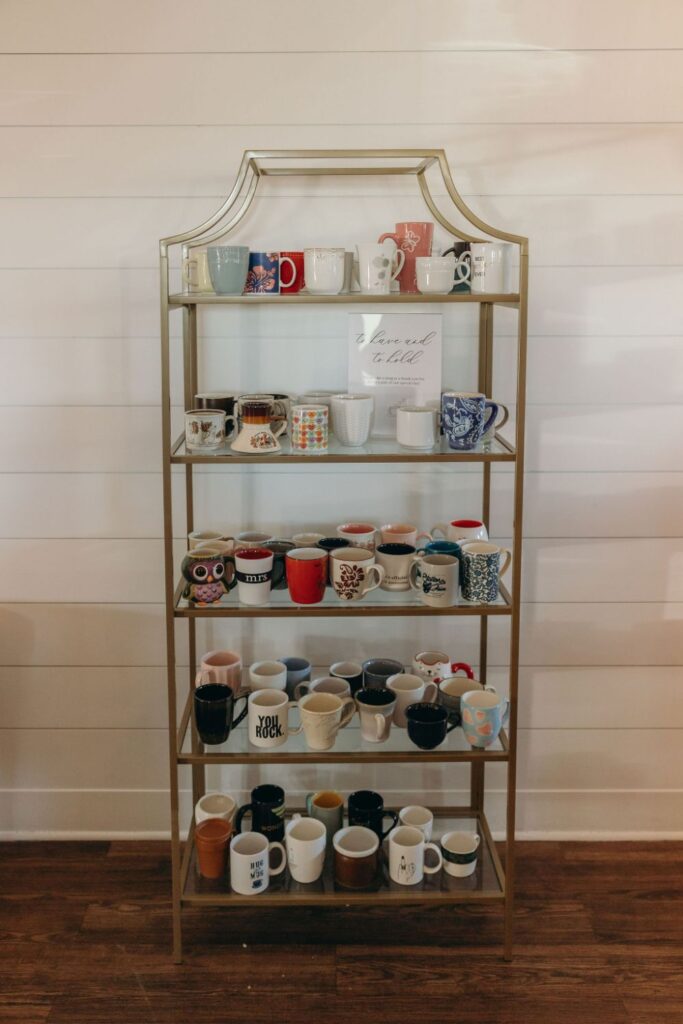 Mismatched coffee cups on display at a wedding at BASH