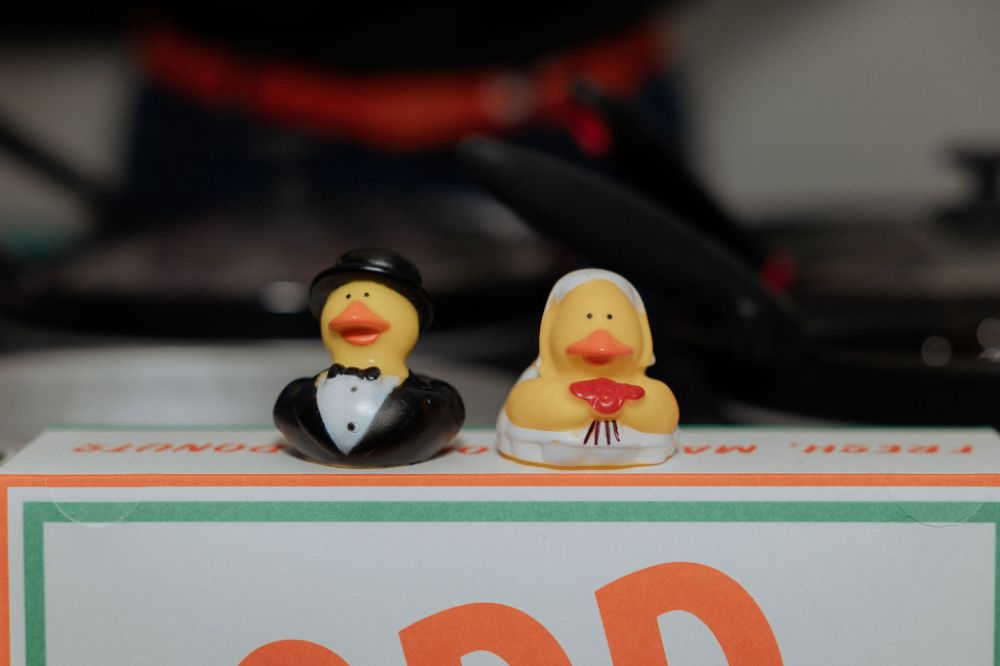 Rubber ducks in front of a donut display