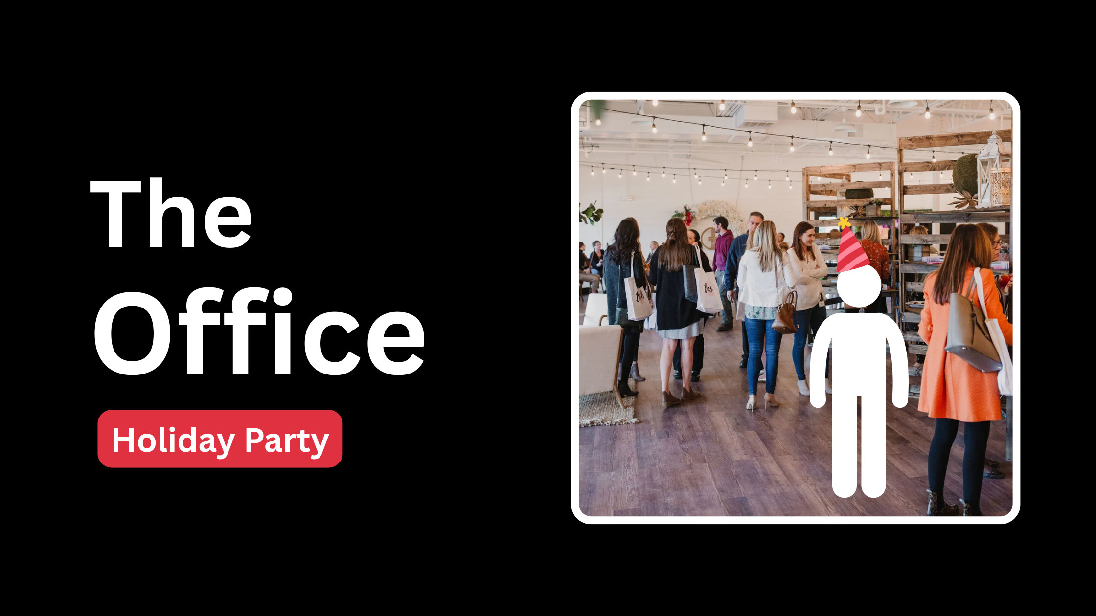 Holiday party graphic inspired by The Office TV show with BASH'S Carmel, Indiana office holiday party photo in the background.