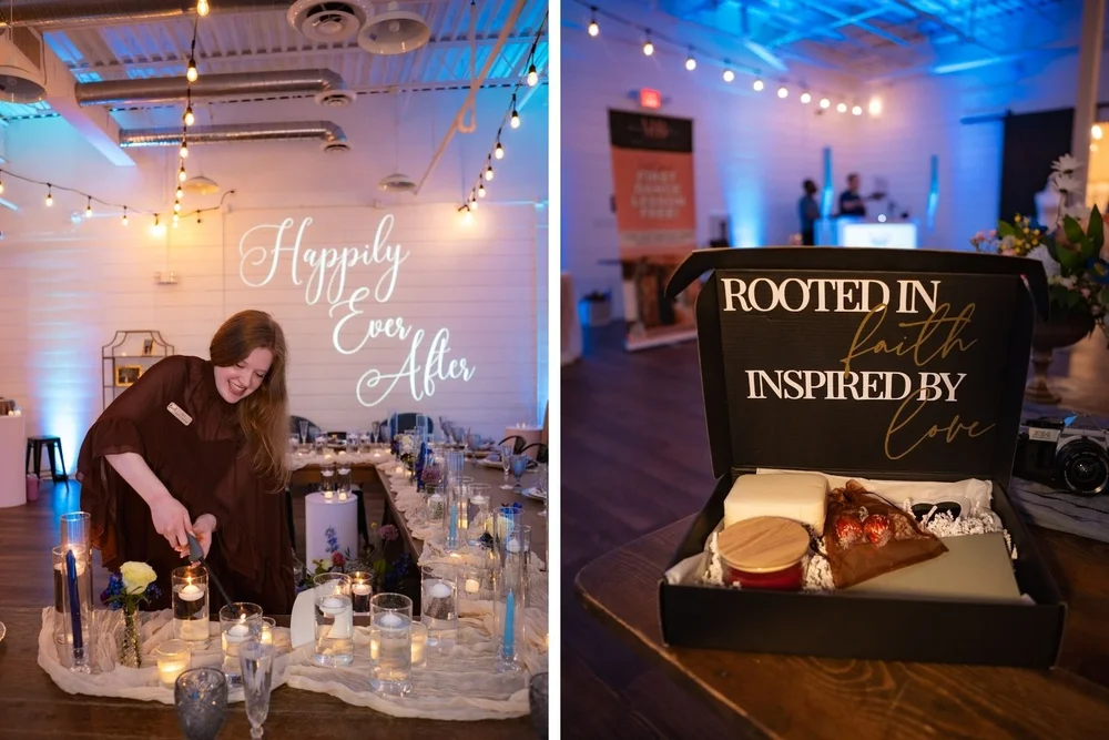 828 Planning wedding planner lighting candles at BASH Indianapolis open house and a custom dessert box