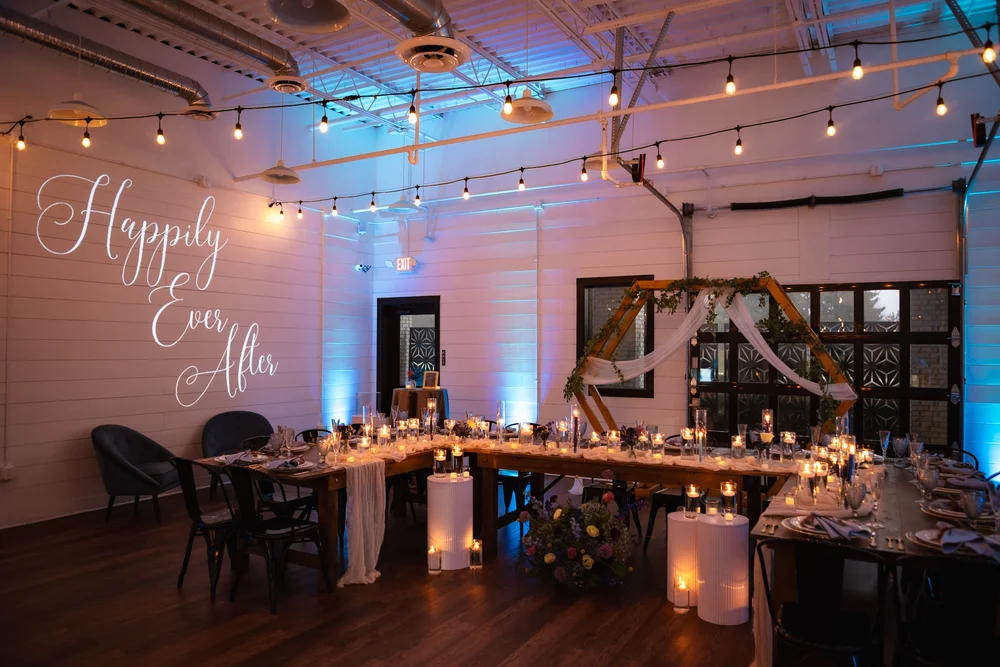 Starry night themed wedding reception setup at BASH event venue in Carmel Indiana